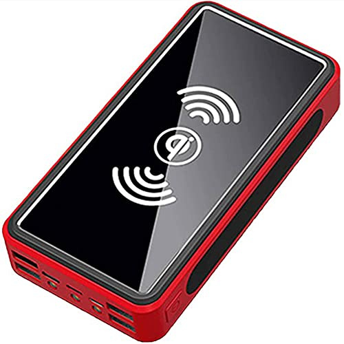 Power Bank，PowerBank， 30000Mah Wireless Solar Charger, Portable s with 4 Outputs & LED Flashlight, External Battery Quick Charge Qi for Outdoor Camping, Black,Red