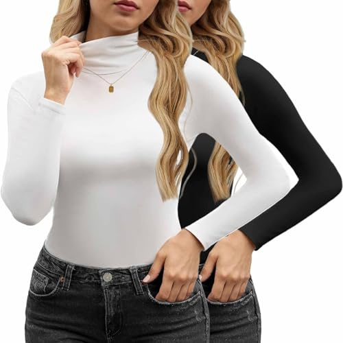 Yutdeng Maglia Donna Collo Alto Maglietta a Manica Lunga Caldo Elasticizzato Intimo Termico Elegante Dolcevita Cotone Leggero Traspirante Invernale Base Layer Basic Top,Bianco+Nero,XL