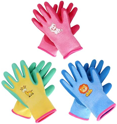 3 Pares de Guantes de Jardín para Niños 2-5 Años, Guantes Flexibles y Cómodos con Palma de Látex, Divertidos Motivos de Animales, Antideslizantes, Perfectos para Jardinería, Manualidades y Pintura
