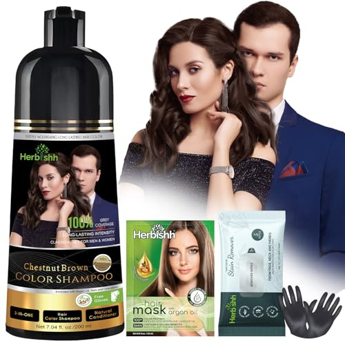 Herbishh Kastanienbraunes Haarfärbe-Shampoo, 200 ml + Feuchttücher zum Entfernen von Haarfarbe, Grauabdeckung und saubere Reinigung