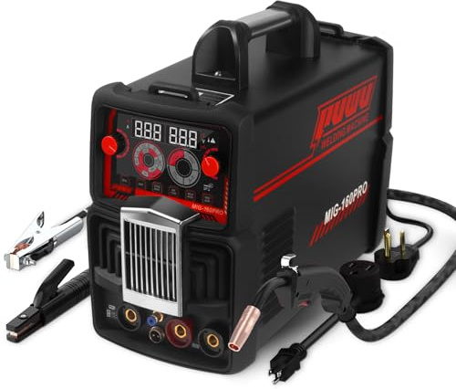 PUWU 160Amp Multiprocess MIG Welder, Gasless Flux Core/Gas MIG/Lift TIG/Stick Welder 4 in 1 Welding Machine with IGBT Inverter LED Digital Display,Thermal Protection, 110V/220V Dual Voltage（BLACK）