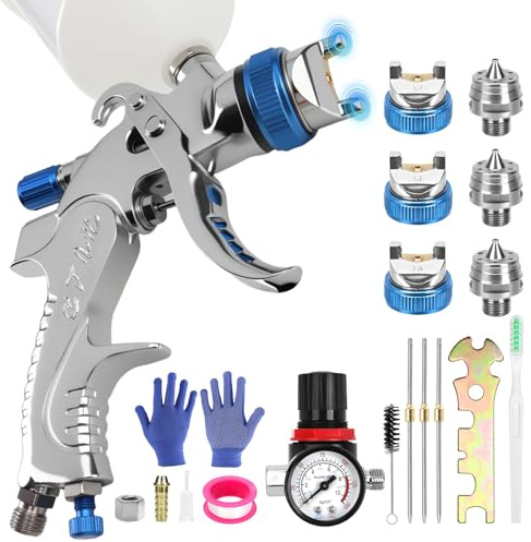 HVLP Gravity Feed Air Spray Gun Kit with 3 Nozzles (1.4/1.7/2.0mm), Air Gauge & 600cc Cup | for Cars, Furniture, Wood Painting | Paint Spray Gun,Air Paint Sprayer(Not Suitable for Latex Paint)