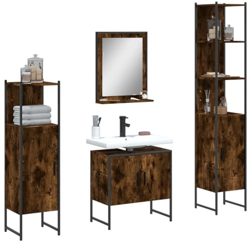 HaoChrymec 4-TLG. Badmöbel-Set Räuchereiche Holzwerkstoff, Badezimmer Set, Badezimmermöbel mit Stauraum, Badmöbel Set mit Spiegel, 60 x 33 x 130 cm
