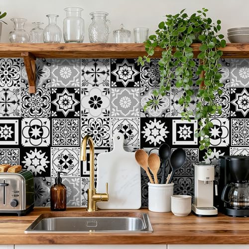 Mosaikfliesen Schwarze Mandala Blume Klebefliesen Küche Bad Wasserabweisend Abriebfest PVC Fliesensticker Easy to Install Tile Sticker Kamin Fliesenaufkleber 10x10 cm/ 24 Stück