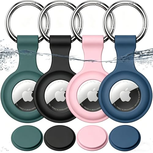 Joremx Vattentätt för Apple AirTag Hållare Nyckelring, Silikon för AirTag Fodral 1:a & 2:a Gen, att Fästa på Nycklar/Resväskor/Hundhalsband/Barn, 4 Pack (Rosa + Grön + Marinblå + Svart)