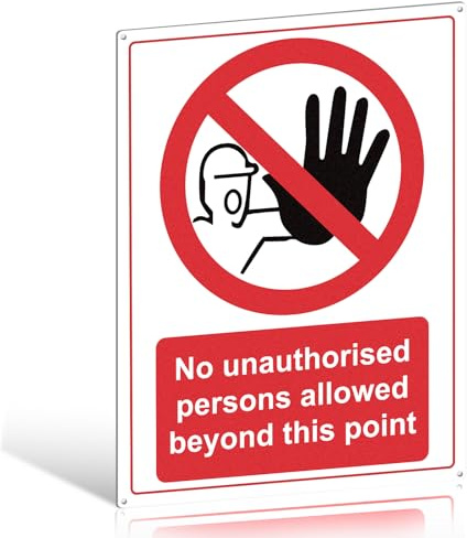 Printara No Unauthorised Person Beyond This Point Sign - 400x300mm PVC | Self-adhesive backing, pre-drilled holes, waterproof PVC, clear no-entry warning for business and private property