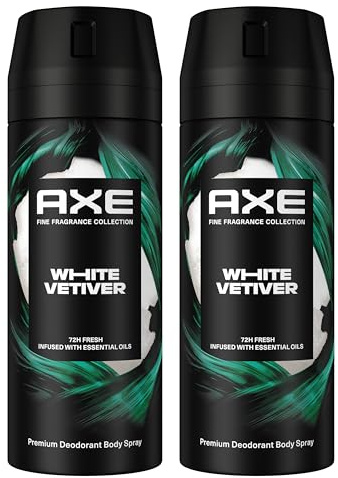 AXE Déodorant Homme Spray White Vetiver Collection Prestige 2x150ml | 72h de Protection Anti-Odeurs, Collection Parfum Prestige,Vétiver, Cèdre et Patchouli, 2x Plus d’Actifs Anti-Odeurs au Zinc