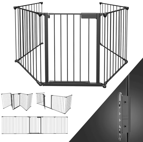 Peviasot Kaminschutzgitter mit Tür Metall 310 cm | Kamingitter Absperrgitter faltbar | Sicherheitsgitter mit Drucköffnungsmechanismus | Türschutzgitter für Kinder-Sicherung,5-teilig Elemente Schwarz