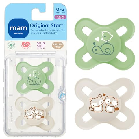 MAM Original Start Baby Pacifiers 0-3 Mths Skin Soft Silicone, 2 Pack