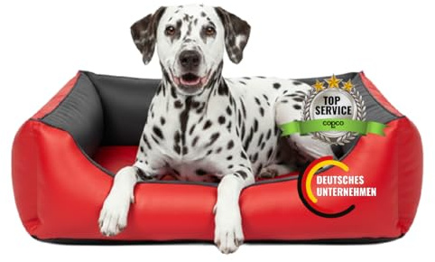 CopcoPet Orthopädisches Hundebett Grosse Hunde – Waschbares Hundekissen 【Wendebett】 Hundekorb aus Kunstleder - Formstabiles Hundesofa - Hundekörbchen mit erhöhten Rand, Dog Bed Rot/Grau 110 x 90 cm