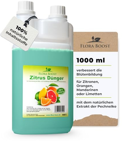 Flora Boost Zitrus Dünger 1L, Flüssigdünger, Für bis zu 200L Gießwasser | Für alle Zitrussorten, 100% natürlicher Pflanzendünger, Für kräftiges Blattgrün