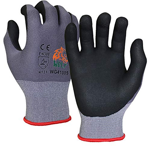WOLF - Guantes de trabajo ultrafinos de espuma de nitrilo con revestimiento de nailon en la palma de la mano, para construcción, jardinería, mecánica, almacén, multiusos, color negro (12, mediano)