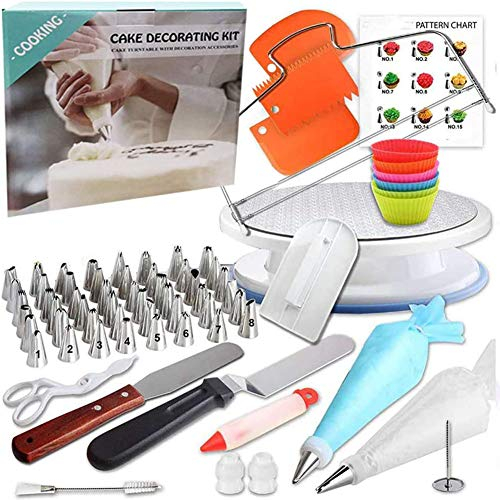 90 Pcs Cake Decorating Supplies Kit with Cake Turntable Cake Leveler 48 Piping Tips with Pattern Chart Straight And Offset Spatula Icings Bags Icing Smoother Scraper Set for Beginner Cake Lover