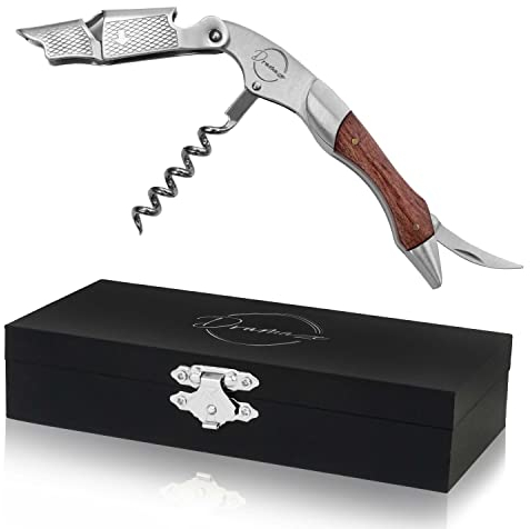 Dramaze Kellnermesser, Korkenzieher und Flaschenöffner 3 in 1 in edler Geschenkbox - geeignet für Wein und Bier, gefertigt aus Edelstahl mit Holzgriff für Sommeliers, Kellner und Barkeeper