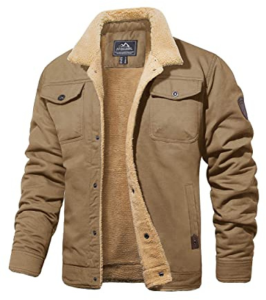 MAGCOMSEN Herren Outdoor Fliegerjacke Warme Fleecejacke Gefüttert Winter Jacken Lässig Militär Jacke Herren Dick Taktische Jacken mit Stehkragen Retro Winddicht Mantel Khaki S