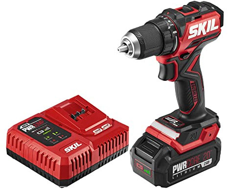 SKIL PWR CORE 20 Brushless 20V 1/2 Compact Variable-Speed Drill Driver Kit with 1/2'' Single-Sleeve, Keyless Ratcheting Chuck & LED Worklight Including 2.0Ah Battery and PWR Jump Charger-DL6293B-10