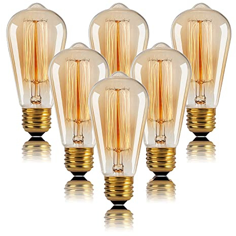 Figame ST64 Edison Light Bulbs,40W E26 Base Vintage Incandescent Light Bulbs,Amber Glass 2200K Warm White Filament Bulbs,Antique Dimmable Decorative Lamp 6 Packs for Home, Bedroom, Office