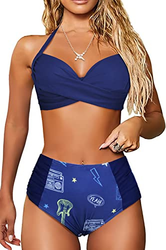 JFAN Dam Baddräkt Hög Midja Pool Tvådelad Vadderad Push Up Strandkläder Bikini BH Dam Hav, S