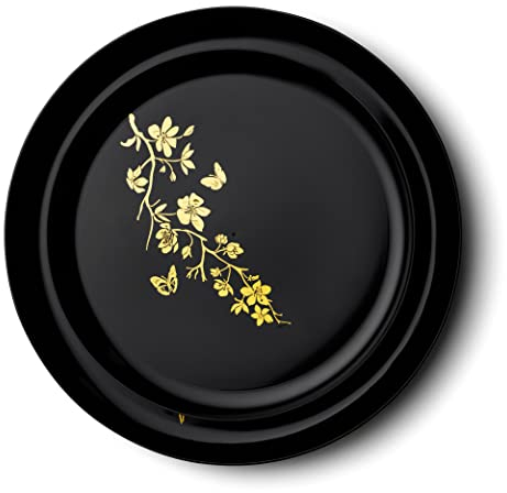 Decor Decorline - Ensemble Vaisselles d'assiettes Plastique Dur et Réutilisables, fleurs d'or 20 pièces/Pour 10 Personnes - Noir/Or - Assiettes Dîner & Entrée Dessert - 2 tailles (10x26cm & 10x21cm)