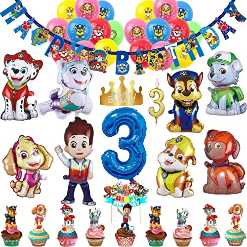 57 Stück 3. Geburtstagsdeko Geburtstag Deko 3 Jahre Jungen Mädchen Party Deko Set Happy Birthday Banner, 9 Großer Folienballons, 20 Latex Ballons, Tortendeko, Kerzen, Geburtstags Mützen (Zahl 3)