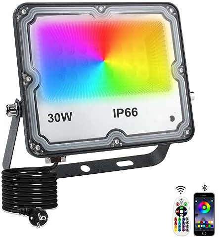 Indmird RGB Strahler 30W, RGB LED Strahler Außen mit Bluetooth APP | IP66 Wasserdich Rgb Flutlicht Smart RGBW Farbwechsel Dimmbar Flutlichtstrahler Stimmungslicht für Garten Party Bühnen
