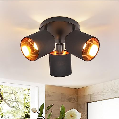 Glitzerlife Deckenleuchte 3 Flammig Deckenstrahler Schwarz Deckenlampe | Vintage Deckenspot E14 Schwenkbar 350° Schwarz Stoffschirm Modern für Wohnzimmer Küche Flur MAX.25W (ohne Leuchtmittel)