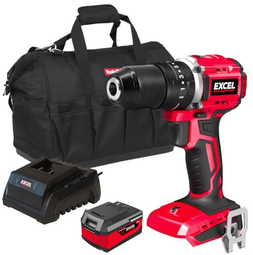 Excel 18V Cordless Brushless Combi Drill with 1 x 4.0Ah Battery Charger & Bag - Variable Speed, Keyless Chuck, 2-Speed Setting, Brushless Motor, Power Tools Combo Kits