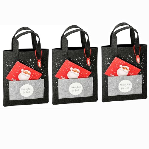 3 x Geschenktaschen aus Filz 26 x 22 cm mit Aufdruck | und Weihnachtsmann-Postkarte - Filztasche Weihnachten - Geschenktüte für Weihnachten
