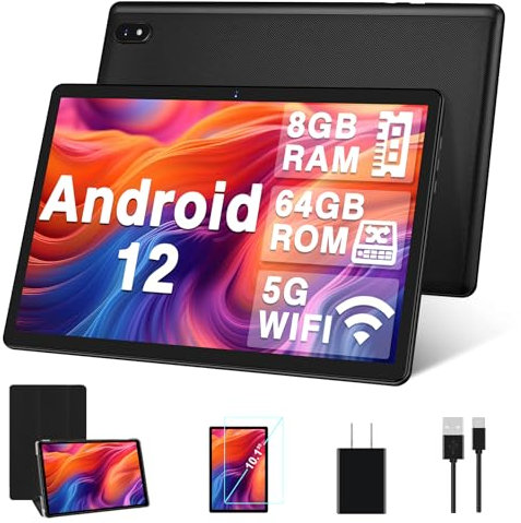 Tablette 10 Pouces 4Go RAM(Extensible jusqu'à 8 Go) 64Go ROM 1TB Extensible, Tablette Android 12 avec 5G WiFi, Bluetooth 5.0, 8 cœurs 2.0 GHz, 6000mAh, 1280 * 800, Type-C, Tablette Tactile, Noir