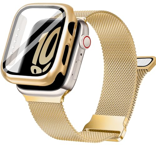 Ocaer Kompatibel mit Apple Watch Armband 41mm Hülle, Metall Magnetisch iWatch Armband mit Bildschirmschutz für Apple Watch Series 9 8 7, Edelstahl Milanese Loop (Gold, 41mm Hülle)
