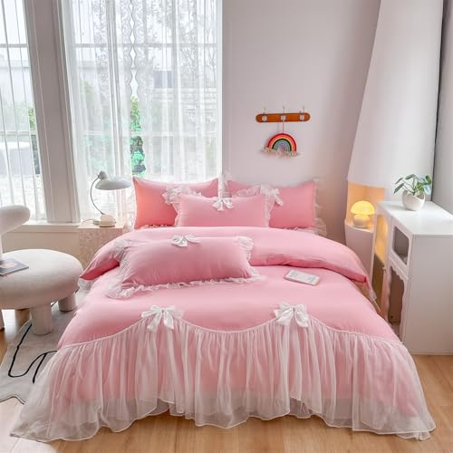 SOUKECHY Girls Lace Bedding,Full Comforter Cover Set, Chic Ruffled Duvet Cover with Lovely Bow,Princess Style 1 Duvet Cover with 2 Pillowcases, No Comforter-Bright Pink,Full Size