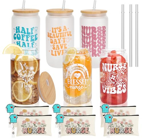 pengtai Nurse Gifts for Women,Gifts for Nurses,Nurses Week Gift,Nurse Appreciation Gift Bulk 2025 Glass Cups Cosmetic Bag Set of 6