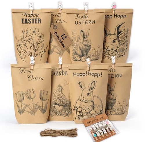 12 Ostertüten zum befüllen - Geschenktüten Ostern Set mit Motiv Hasen | Blumen und Küken - Ostern Papiertüten mit Holzklammern - ideale Mitgebsel Geschenkidee oder Oster Dekoration