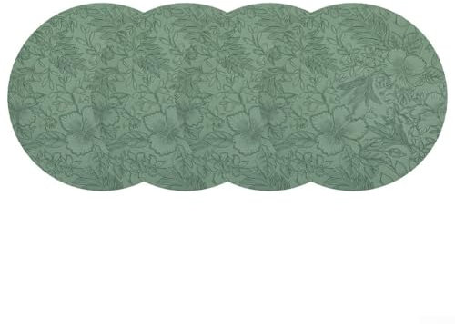 Runde Platzsets aus PU-Leder, doppelseitig, Blumenmuster, Platzsets, Untersetzer und Serviettenringe, für Küche, Esstisch, Grün, 4 Stück