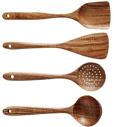 Juego de 4 cucharas de madera, juego de 4 utensilios de madera natural seguros, cucharas de madera, cuchara de sopa grande, espátula de cocina para mezclar, espátula de madera para agitar, cocina de