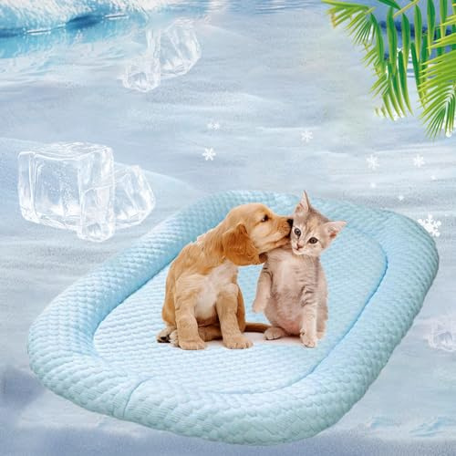 Snrtevu Kühlendes Katzenbett mit Eisseide, Kühlendes Sofabett Hund, Kühlendes Kundebett Sommerkühlung für drinnen und draußen, Der ultimative kühlkomfort für Deine Katze und Hund (Blue,XL)