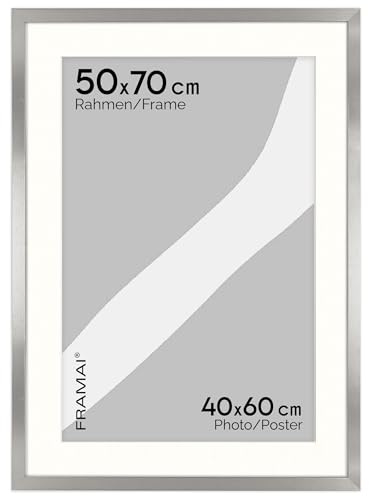 FRAMAI® Bilderrahmen 50x70 cm in Silber – mit Passepartout – MDF Holzrahmen, bruchsicheres Plexi, umweltfreundlich, mit Aufhängung & Ständer – Hochformat & Querformat