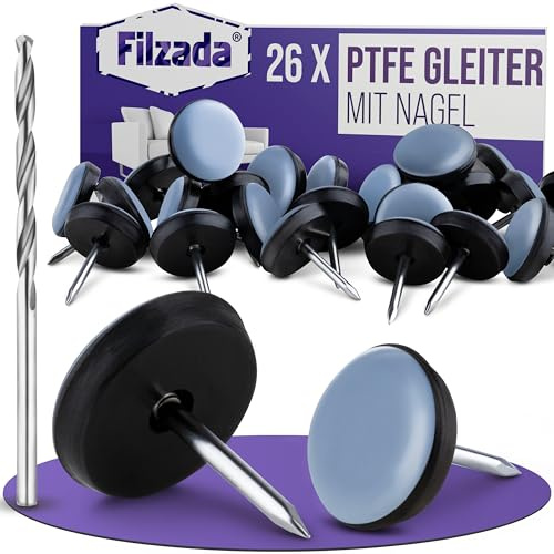 Filzada® 26x Teflongleiter Nagel Ø 25mm - PTFE Möbelgleiter inkl. Bohrer | Stuhlgleiter Fliesen, Teppich - Bodenschoner für Stühle & raue Böden - Möbelgleiter Nagel Kunststoff - strapazierfähig