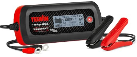 Telwin T-Charge 12 EVO: Caricabatterie, Mantenitore di Carica Elettronico e Tester Multifunzione 6/12V con Schermo LCD, per tutti tipi di batterie di Veicoli, Auto, Moto. IP65. Cavi inclusi.