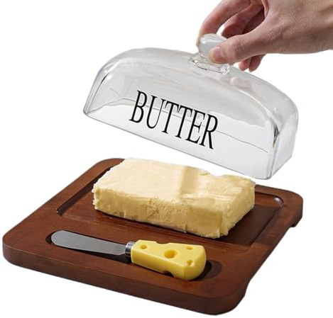 Beurriers - Beurrier Avec Couvercle Et Couteau | Plateau À Beurre En Verre Et Bois | Conservation Fraîche Service Petit-Déjeuner Cuisine Table Pique-Nique Café Boulangerie Buffet