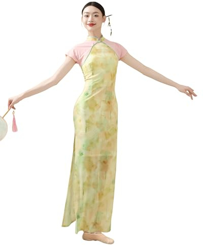 ROYAL SMEELA Kinesisk Qipao-klänning för kvinnor med hög krage och korta ärmar, elastisk stickad lång Cheongsam-klänning, gul och rosa, Gul, S