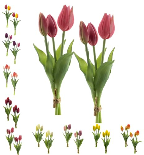 Klocke Dekorationsbedarf Künstlicher Tulpen Bund wie echt - 2er Set - 25 cm Real-Touch Tulpenstrauß mit 3 Stielen (3 Knospen) - Hochwertige Frühlingsdeko für Vasen & Gestecke (Pink)