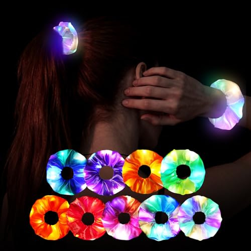 AOOSA Set med 9 satinhårscrunchies, självlysande scrunchies, 3 LED-belysningslägen, batteridriven, elastiskt hårband för fluorescerande fester, karneval, halloween, konserter, nyår