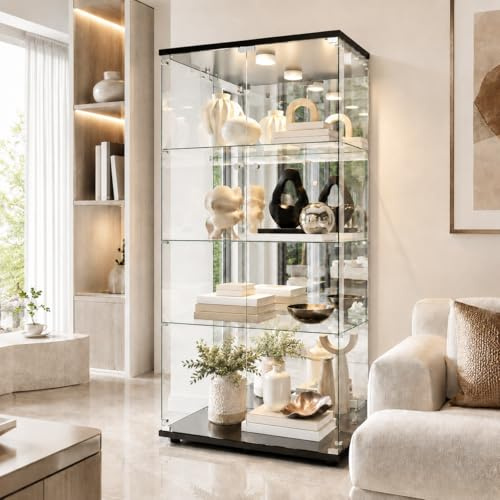 Glasvitrine Stående vitrine med LED, samlarvitrine stående med 2 låsbara glasdörrar och 4 hyllor Vitrinskåp Transparent vitrine Glas för vardagsrum, kontor, samlarobjekt, böcker, vin (Svart)