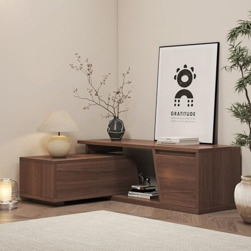 Homary Meuble TV d'angle Extensible Bois avec 3 Tiroirs Spacieux, MDF Écologique, Rangement Ouvert, Design Moderne pour Salon, Installation à Gauche/Droite (120CM- Noyer)