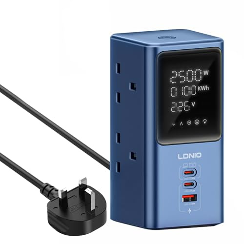 Tower Extension Lead, 2M Extension Lead with USB Slots | Surge Protected with LED Digital display and 45W MaX USB Fast Charger(2 USB-C & 1USB-A) for Home, Office