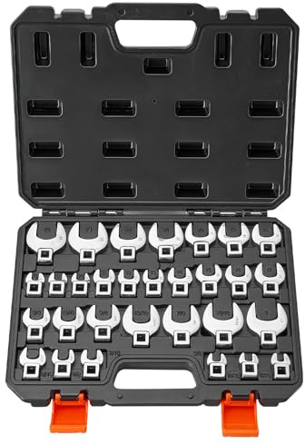 VEVOR Jeu de 30 Clés à Patte d'Oie Entraînement 3/8'' Métriques et SAE, Clé à Fourche en Acier Allié Cr-Mo, Mallette de Rangement, Double Marquage sur Clés et Coffret, pour Entretien Réparation Auto