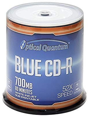 Optical Quantum Blue AZO CD-R 700MB 52X White Inkjet Hub Printable Blank Recordable Media Discs – 100pk Spindle for Music, Data, and Photo Storage