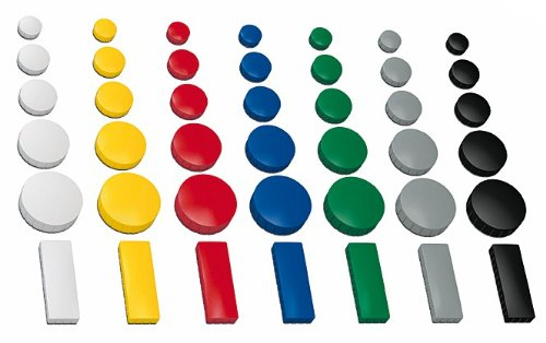 50x Magnete, farbig sortiert, 3 verschieden Größen Ø 24 + 32 + 54x19 mm Haftmagnete für Whiteboard, Kühlschrank, Magnettafel, Magnetset, XL - 50 Stück