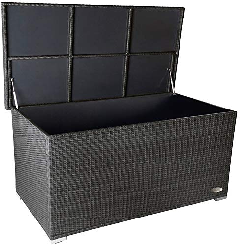 RS Trade® exclusive 'Venezia' 950 L Polyrattan Garten Kissenbox wetterfest wasserdicht 146 x 83 x 80 cm, Auflagenbox mit verstärktem Deckel und Gasdruckfedern, auch als Tischplatte geeignet, Silber